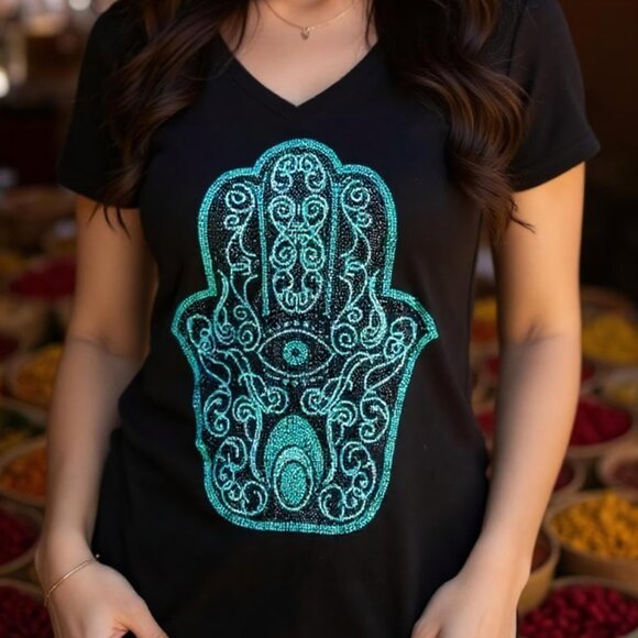 Women's Two Piece,Set Women's Rhinestone Hamsa Graphic Shirt V- Collar Short - Picture 1 of 4